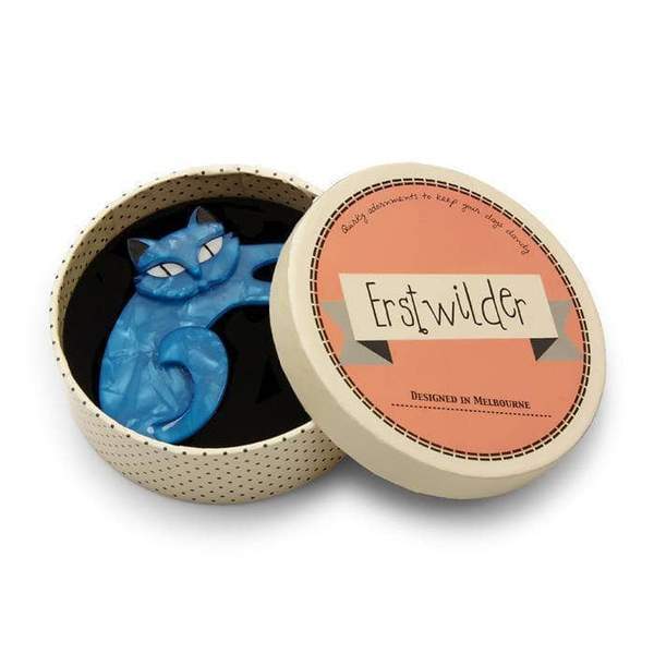 Erstwilder - Curling Cassandra Cat Brooch (2017) blue - 20th Century Artifacts