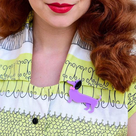 Erstwilder - Spiffy The Sausage Dog Brooch (2020) purple - 20th Century Artifacts