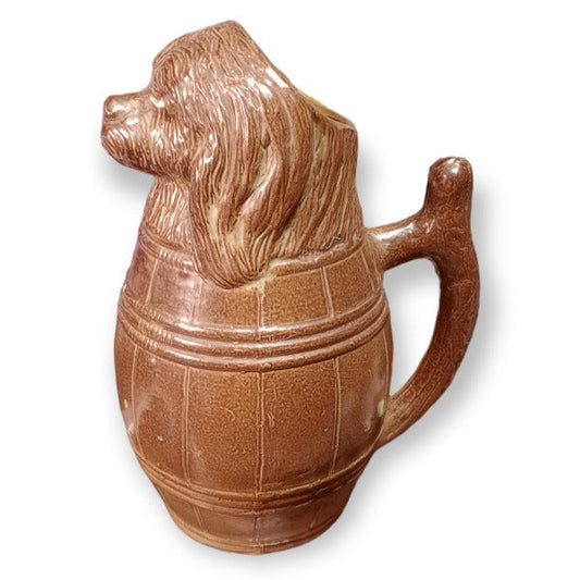French Salt Glazed Water Jug - Dog Inside a Barrell - 20th Century Artifacts