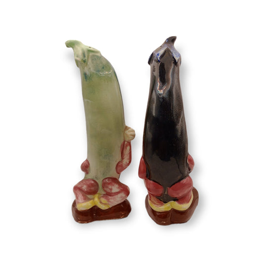 Salt & Pepper Shakers - Anthropomorphic Eggplant & Bean - 20th Century Artifacts