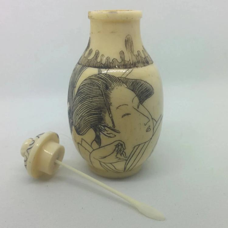 Snuff Bottle - Carved Bone Erotic Lady 4 of 5 - 20th Century Artifacts