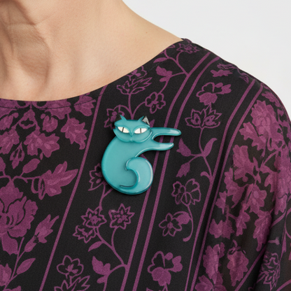 Erstwilder - Curling Cassandra Cat Brooch (2016) aqua - 20th Century Artifacts
