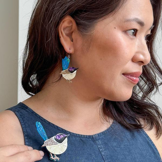 Erstwilder - Purple-Crowned Fairy Wren Drop Earrings - 20th Century Artifacts