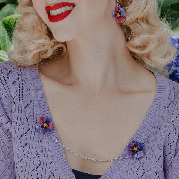 Erstwilder - Purple Prose Hollyhocks Cardigan Clips - 20th Century Artifacts