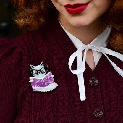 Erstwilder - Puss in Books Brooch (2021) pink - 20th Century Artifacts