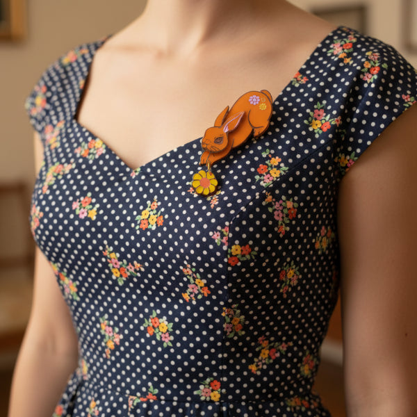 Kirbee Lawler - Orange Daisy Bunny Brooch - 20th Century Artifacts