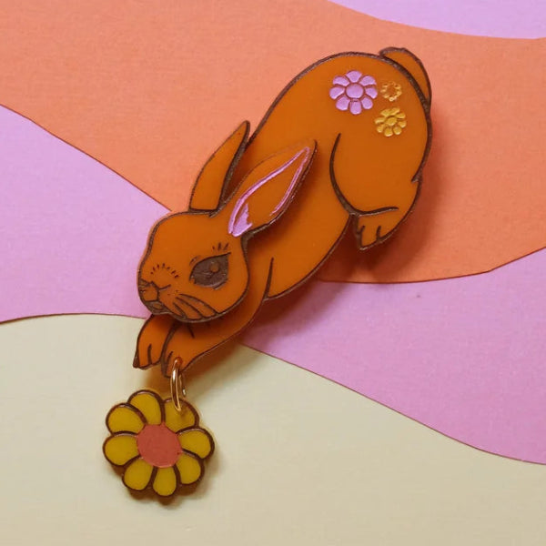 Kirbee Lawler - Orange Daisy Bunny Brooch - 20th Century Artifacts