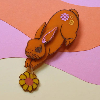 Kirbee Lawler - Orange Daisy Bunny Brooch - 20th Century Artifacts