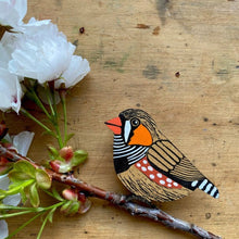 Load image into Gallery viewer, Pigment Pins Zebra Finch Brooch Monica Reeve - 20th Century Artifacts