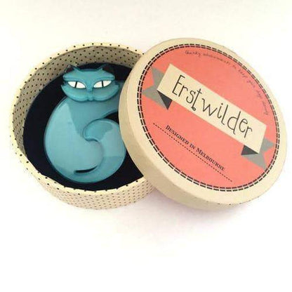 Erstwilder - Curling Cassandra Cat Brooch (2016) aqua - 20th Century Artifacts