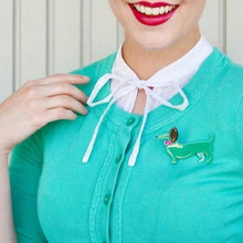 Load image into Gallery viewer, Erstwilder - Spiffy The Sausage Dog Brooch (2017) green - 20th Century Artifacts