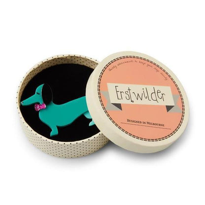 Erstwilder - Spiffy The Sausage Dog Brooch (2017) green (imperfect) - 20th Century Artifacts