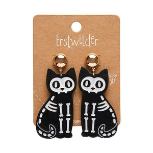 Erstwilder - Tabby Tombstone Cat Skeleton Black Ripple Earrings - 20th Century Artifacts