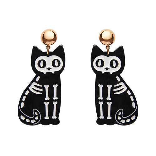 Erstwilder - Tabby Tombstone Cat Skeleton Black Ripple Earrings - 20th Century Artifacts