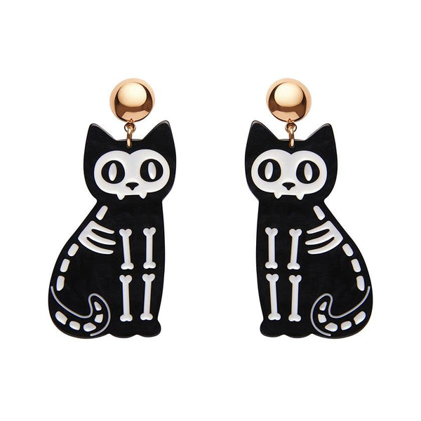 Erstwilder - Tabby Tombstone Cat Skeleton Black Ripple Earrings - 20th Century Artifacts