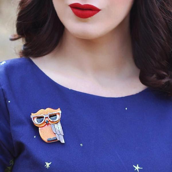 Erstwilder - Waldo the Wacky Wise Owl Brooch (2017) orange - 20th Century Artifacts