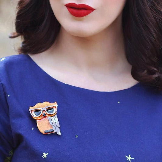 Erstwilder - Waldo the Wacky Wise Owl Brooch (2017) orange - 20th Century Artifacts