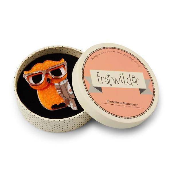 Erstwilder - Waldo the Wacky Wise Owl Brooch (2017) orange - 20th Century Artifacts