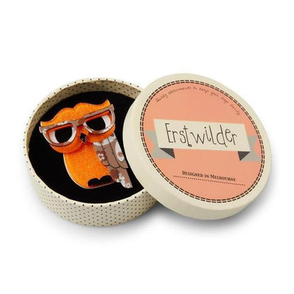Erstwilder - Waldo the Wacky Wise Owl Brooch (2017) orange - 20th Century Artifacts