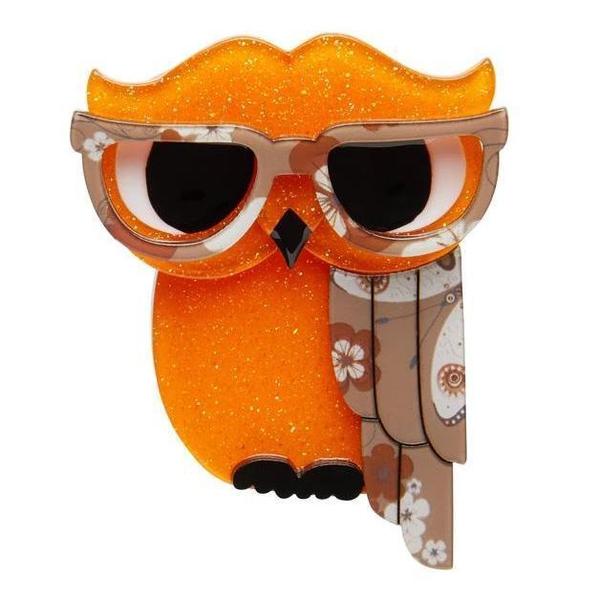 Erstwilder - Waldo the Wacky Wise Owl Brooch (2017) orange - 20th Century Artifacts