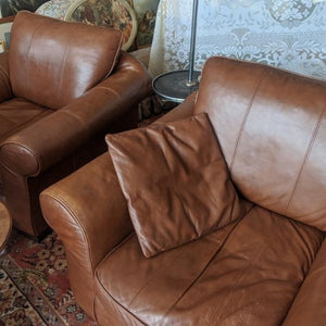 SOLD - Pair of Leather Arm Chairs - 20th Century Artifacts