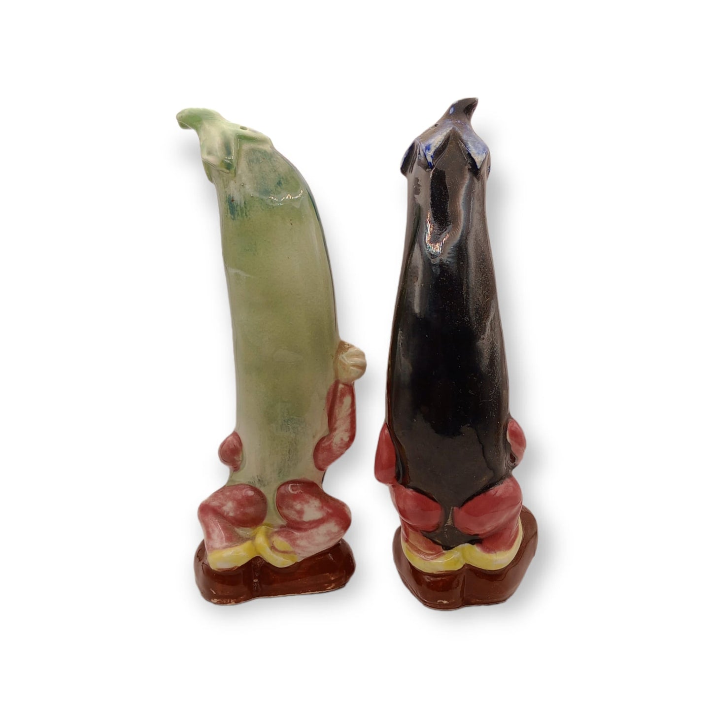 Salt & Pepper Shakers - Anthropomorphic Eggplant & Bean - 20th Century Artifacts