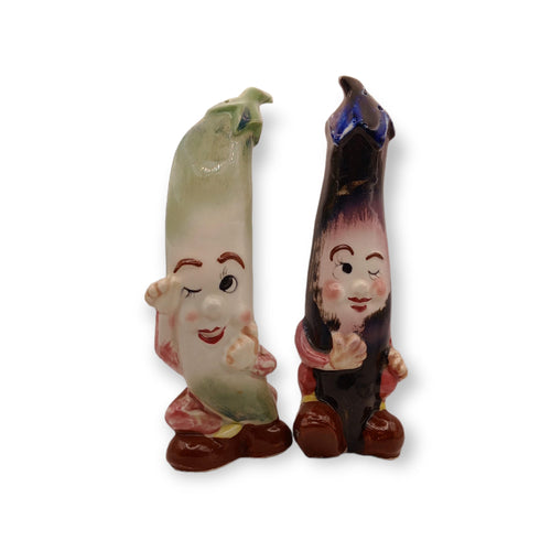 Salt & Pepper Shakers - Anthropomorphic Eggplant & Bean - 20th Century Artifacts