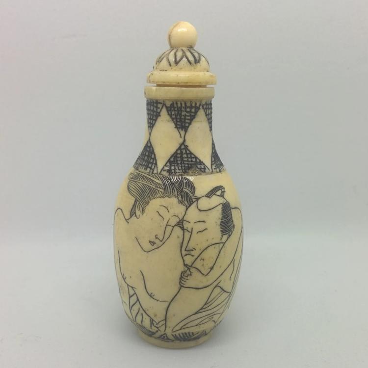 Snuff Bottle - Carved Bone Erotic Couple 1 of 5 - 20th Century Artifacts